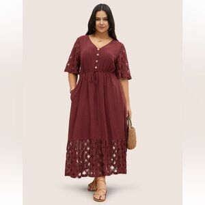 BloomChic BloomChic 22 Burgundy Button Front Lace Hem Midi Dress Plus NWT